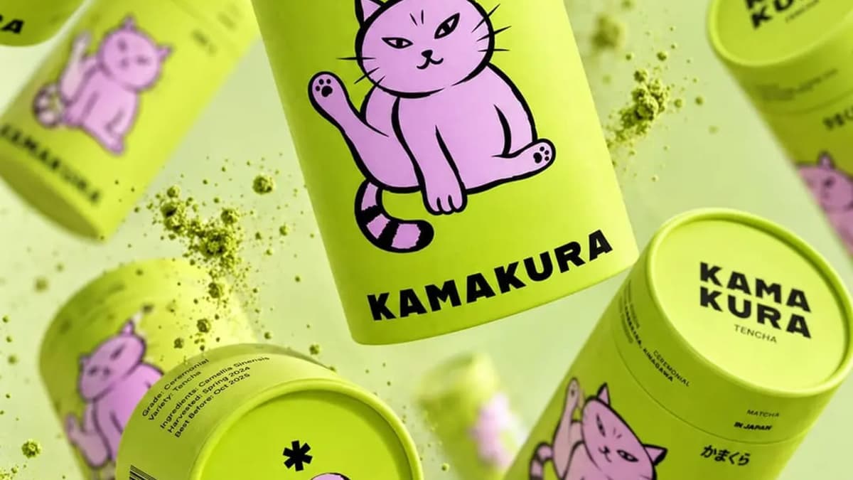green match packages flying on a yellow-green background, the logo shows a cute pink cat holding one leg in the sky