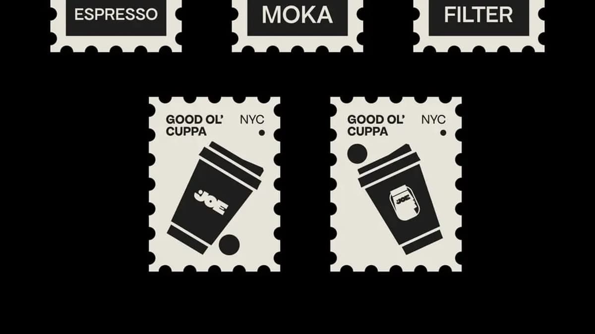 stamps an a black background with coffee icons in black on a white stamp